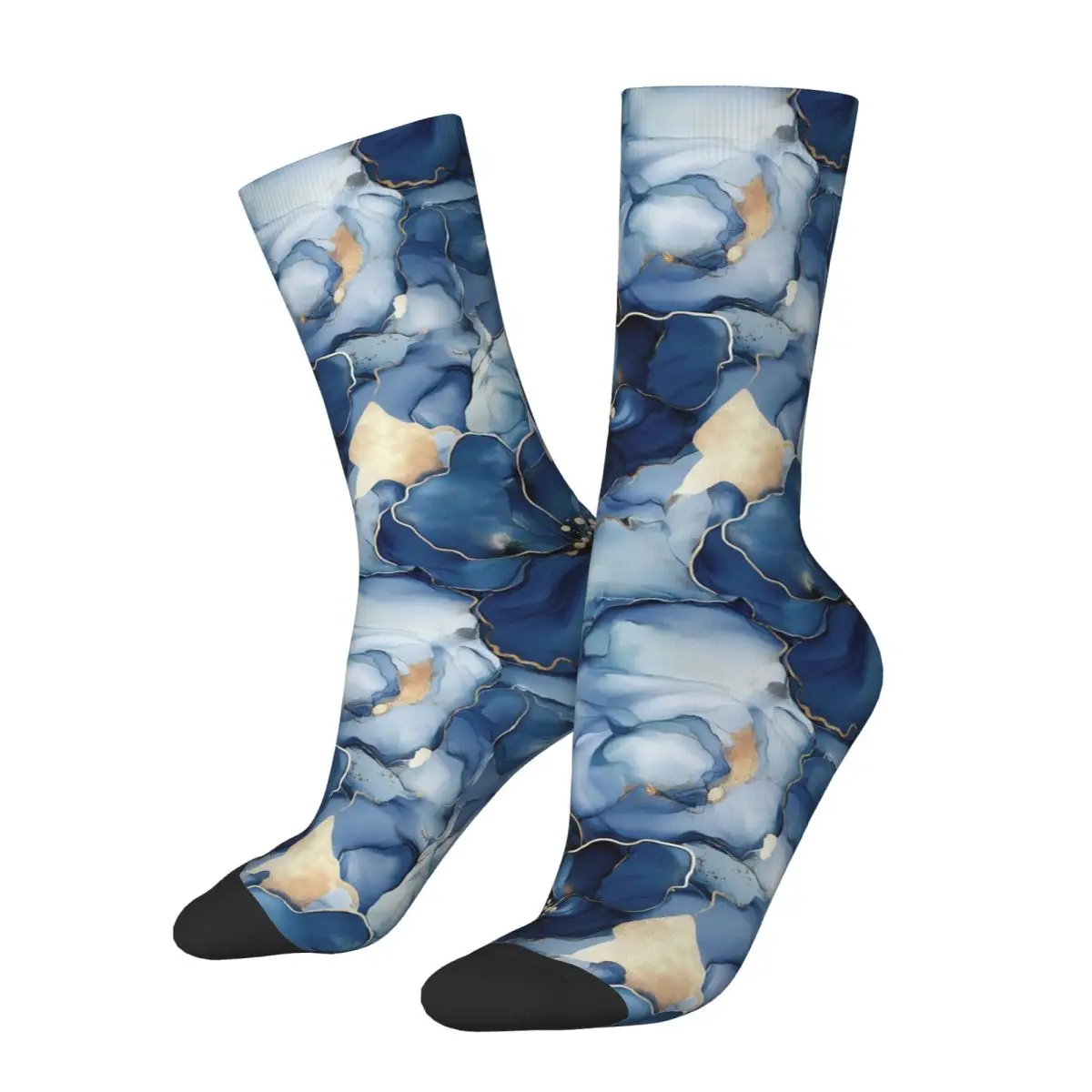 Navy Blue Alcohol Ink Flowers Socks Harajuku Soft Stockings All Season Long Socks Accessories for Man's Woman's Birthday Present