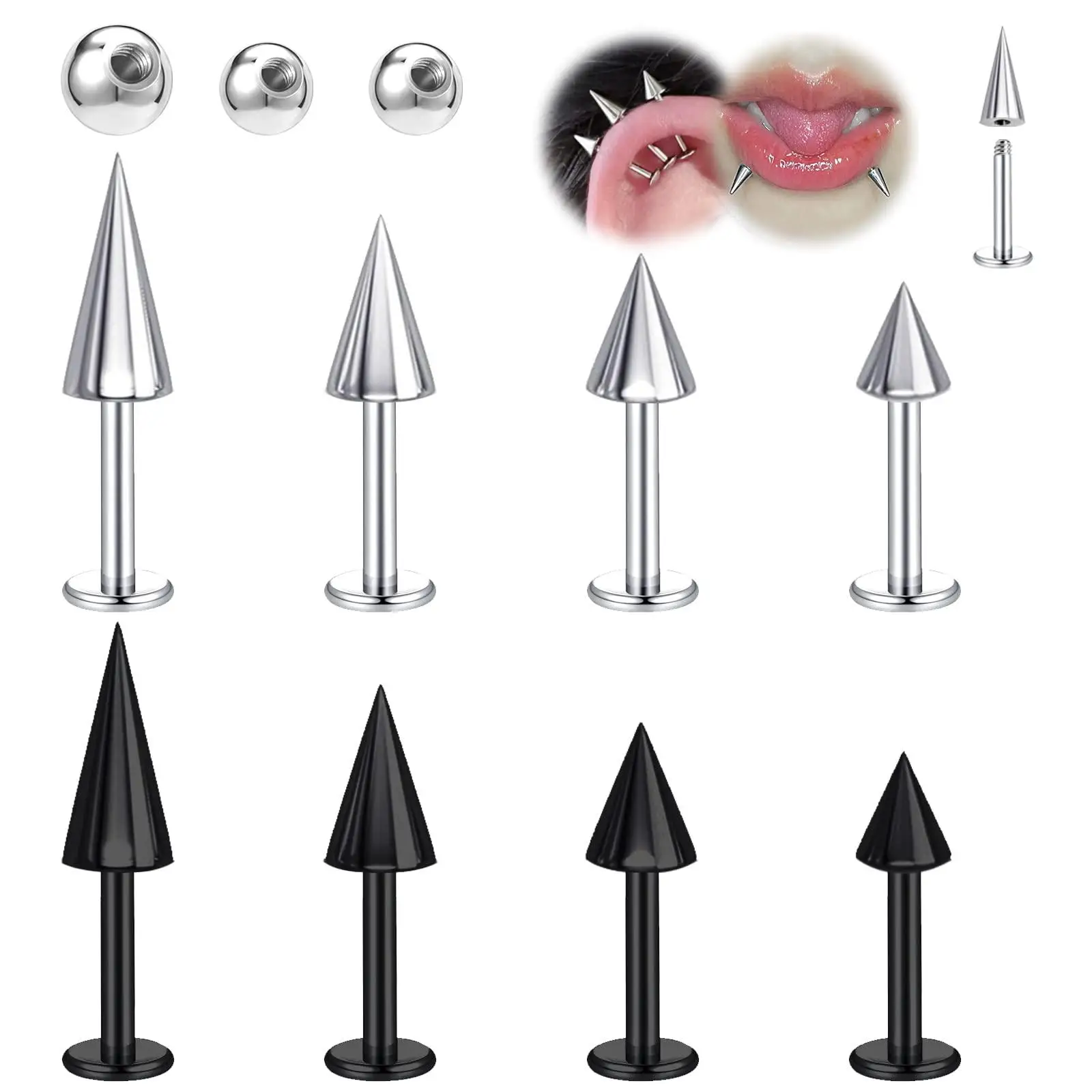 11pcs 16G Stainless Steel Spike Lip Rings Daith Helix Tragus Cartilage Flact Back Stud Earrings Rook Lip Piercing Jewelry 6-16mm
