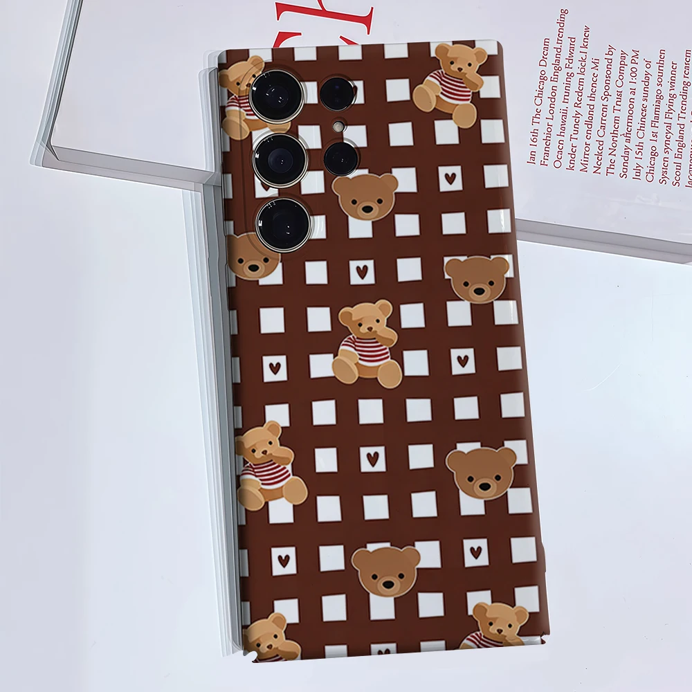 Brown Check Teddy Bear Phone Case for Samsung Galaxy S26 S25 Ultra S24 S23 Ultra Plus Glossy Double-layer Back Cover
