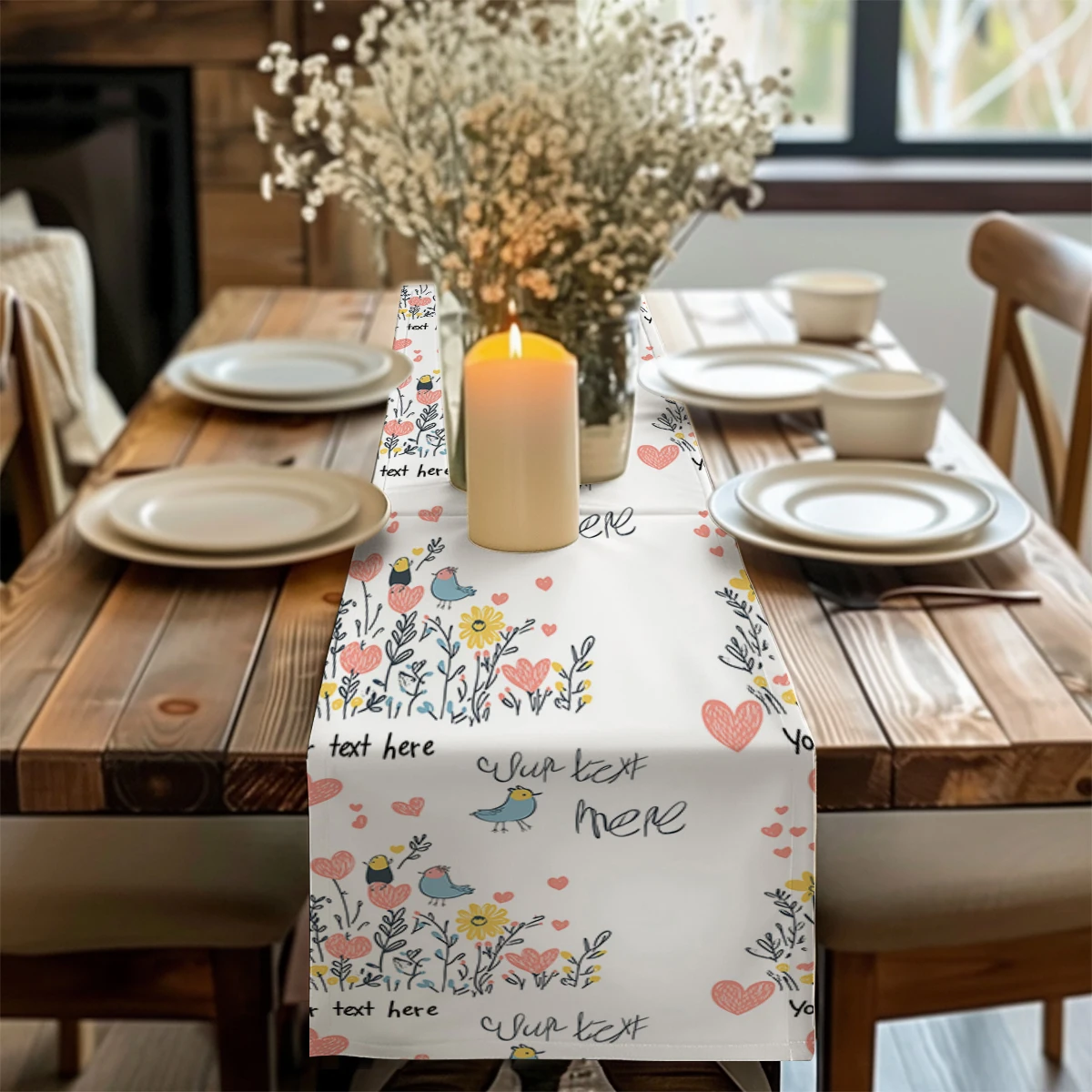 Caton Bird Plant Pattern Love Heart Table Runner Kitchen Table Decor Farmhouse Dining Table Runners Wedding Party Decorations