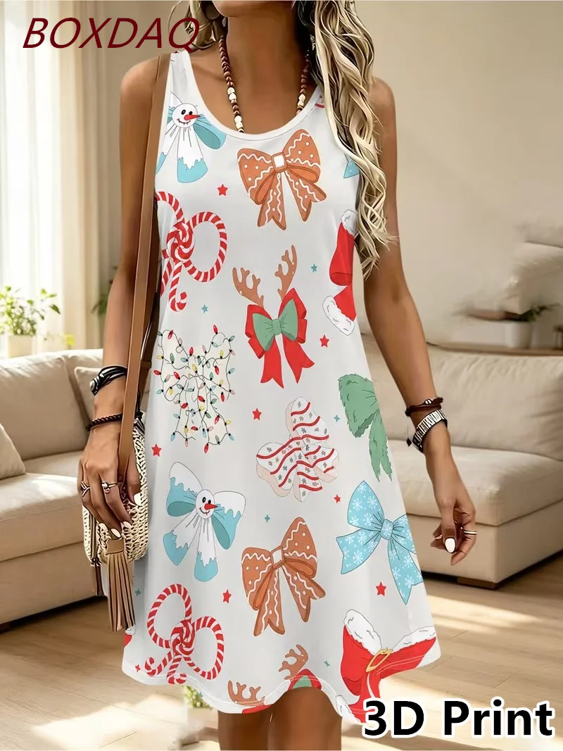 Christmas Pattern 3D Printed Women Dress Fashion Elegant Sleeveless O-Neck Loose Tank Dress Large Size Casual Summer Vest Dress