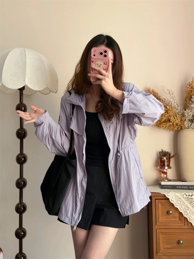 Ultra-Lightweight Breathable Women's Summer Sun Protection Skin Shirt Purple Taro Root Colorable Waist-Cinching Mesh Jacket