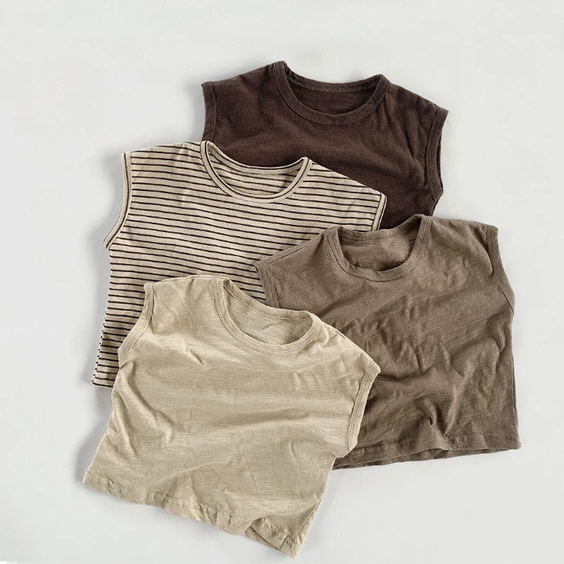 

Новинка 2025, летняя мода для мальчиков и девочек, корейское издание, внутренняя майка на плечах, тонкий хлопок