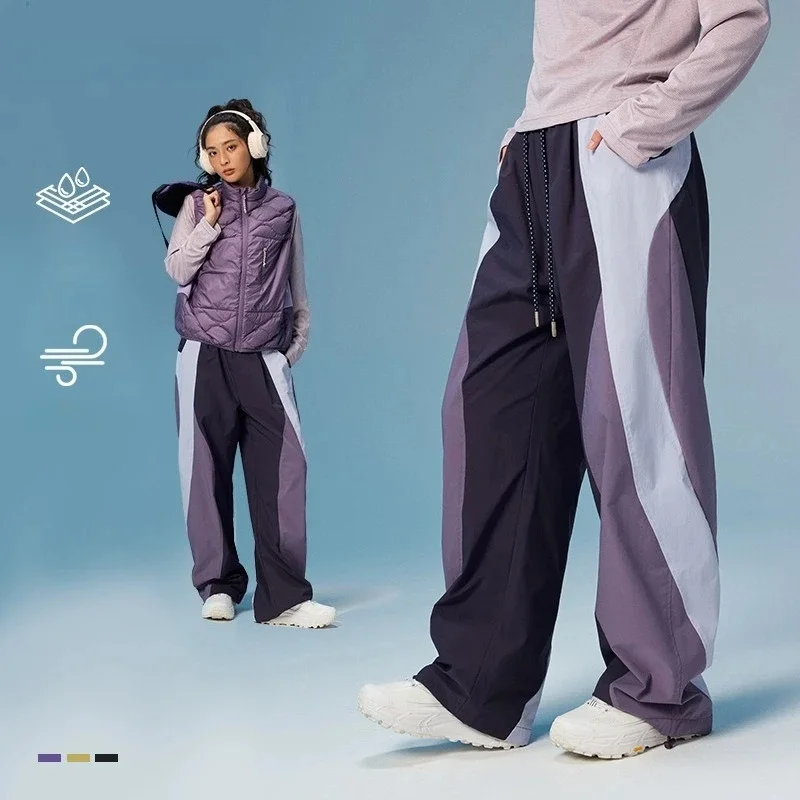 Urban Outdoor Patchwork Wide-Leg Sweatpants – Waterproof Breathable Curved Hem Pants with Fleece Lining for Streetwear