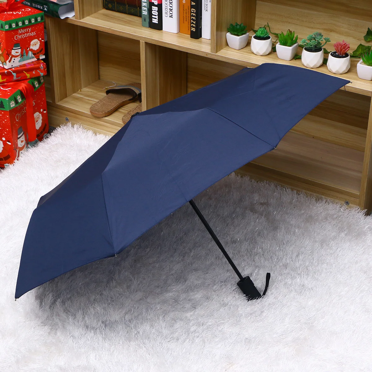 

Automatic 3-Folding Umbrella Navy Blue Lightweight Ribs Sun Rain Protection Portable Durable Sturdy Fiber Frame