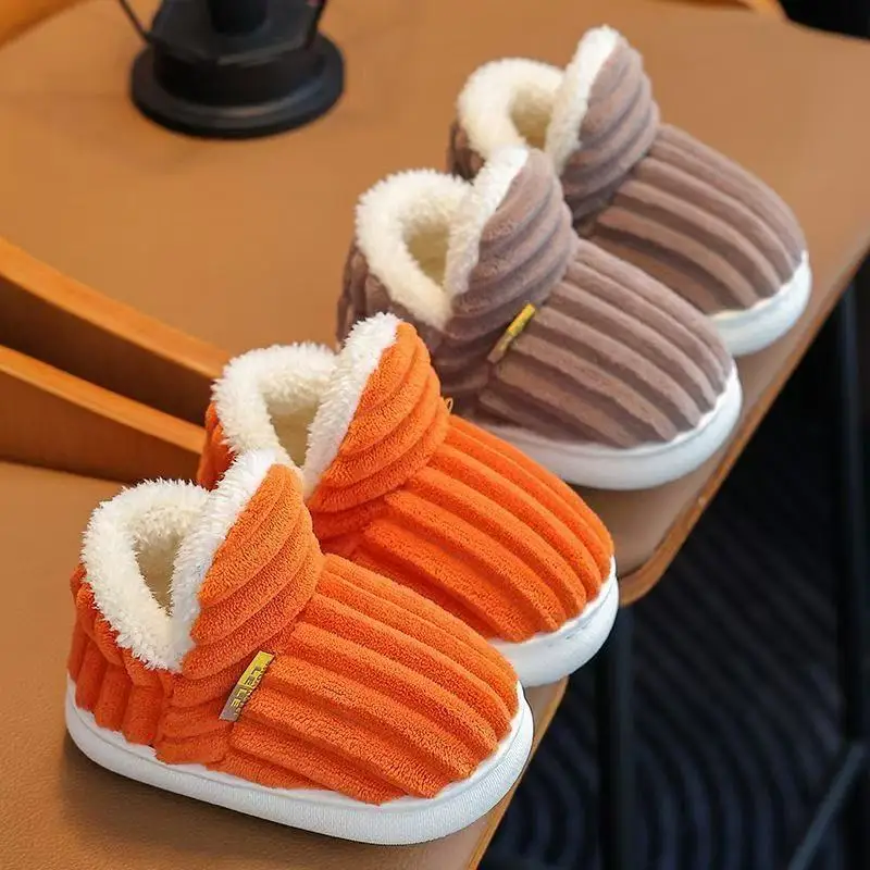 2025New Winter Concise Stripe Plush Slippers Children's Non-slip Soft Sole Kids Boys Girls Heel Wrap Warm High Home Cotton Shoes