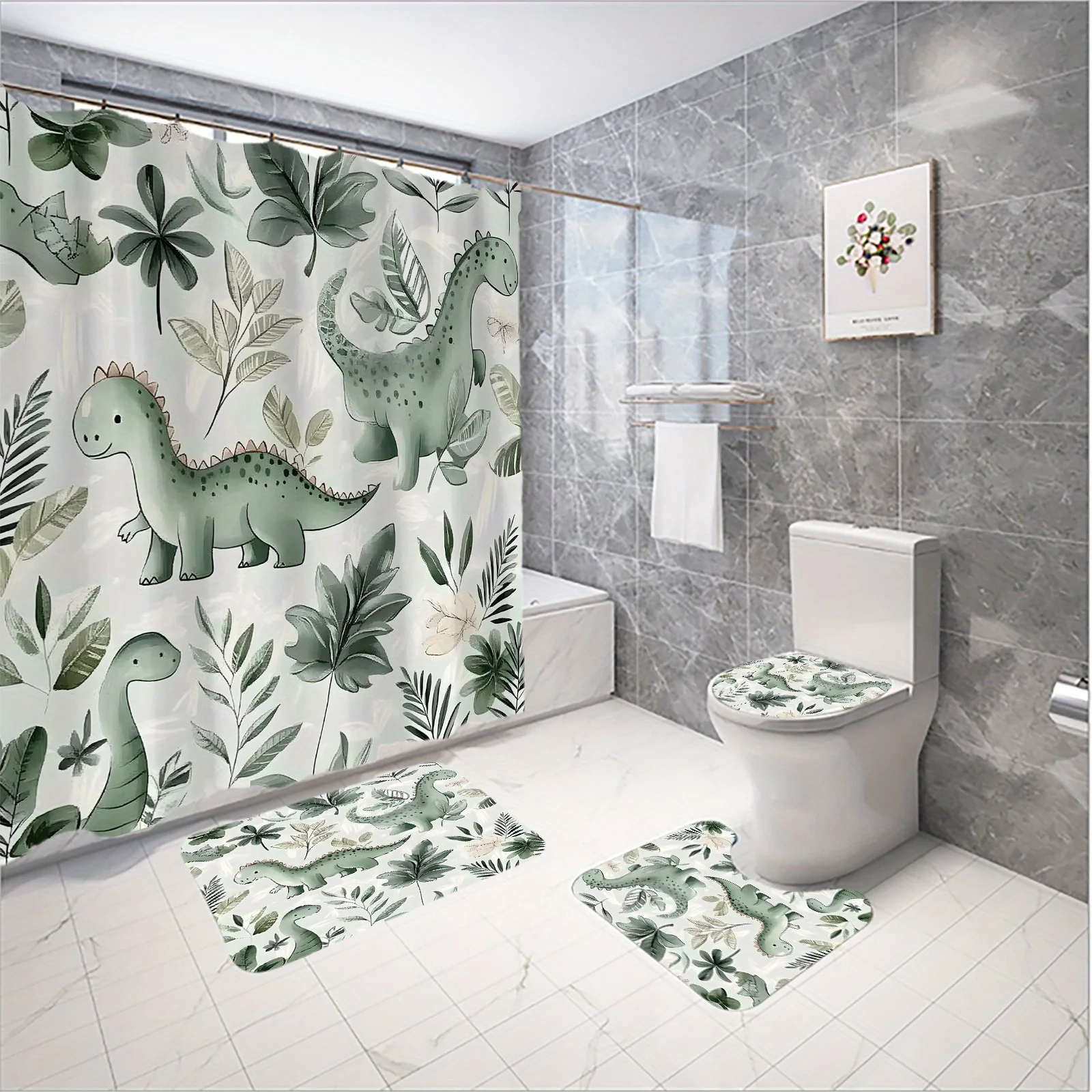 

Cute Dinosaur & Leaves Bathroom 4-Piece Set: Shower Curtain, Bath Mat, Toilet Cover, Tank Cover – Fun and Playful Decor