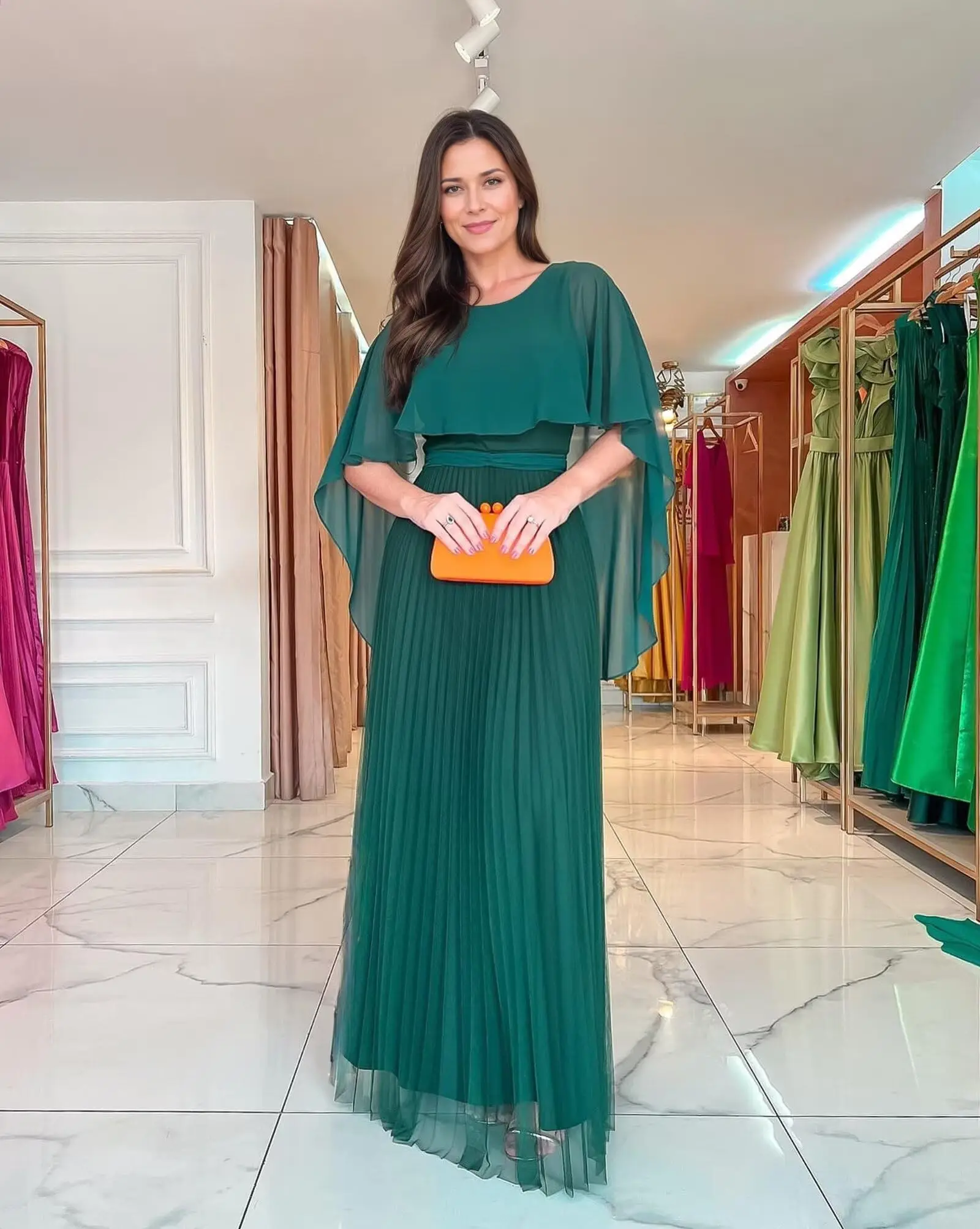 

Customized Long Mother Of The Bride Dresses For Women Chiffon Ruched Wedding Party Dresses With Cape Corset Formal Evening Gowns