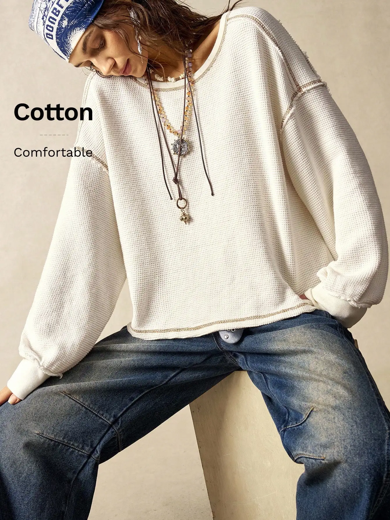 

Женский повседневный хлопковый топ с длинным рукавом, свободного кроя, с круглым вырезом, белый