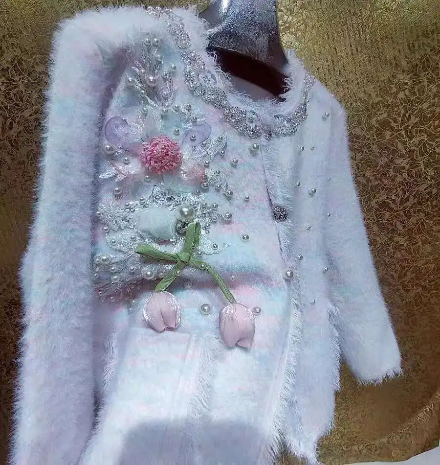 Nowość Jesień Zima 2024 Trend Bg Cekinowy 3D Wers Dias Guziki Dzianinowy Kardigan Damski Słodki Sweter Płaszcz