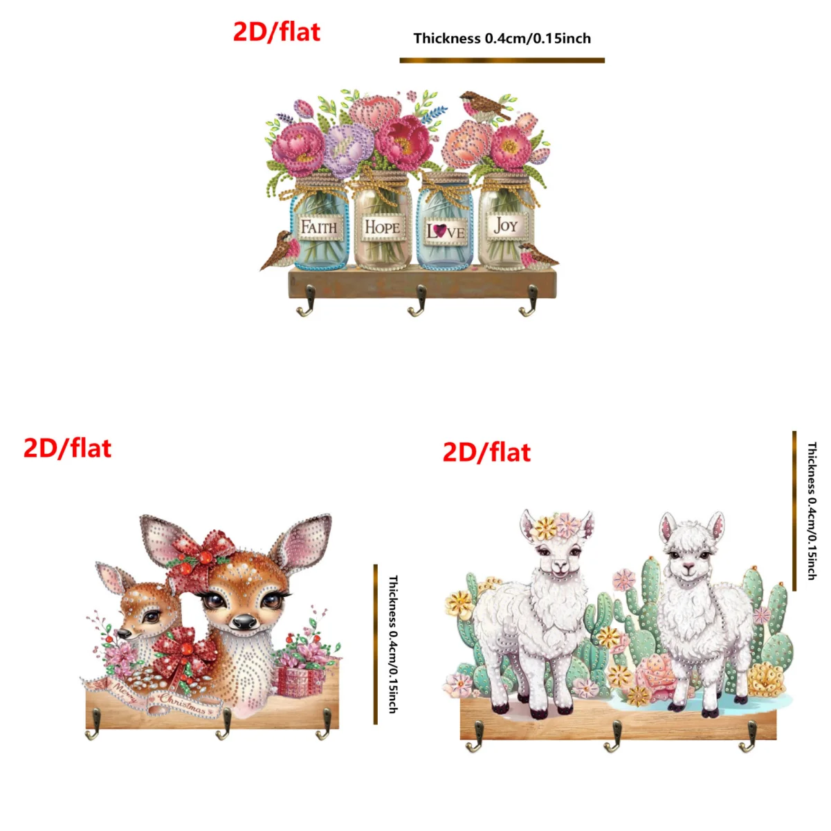 1 DIY-Vasen-/Diamant-Malerei-Set mit Tiermotiv, Haken, ein Holzrahmen-Haken mit drei Haken zum Aufhängen an der Wand oder an der Tür