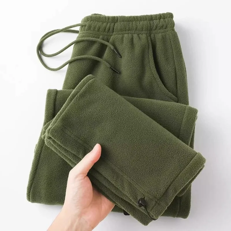 Unisex Drawstring Fleece Straight Pants Thick Warm Zip Hem Casual Wide Leg Sweatpants