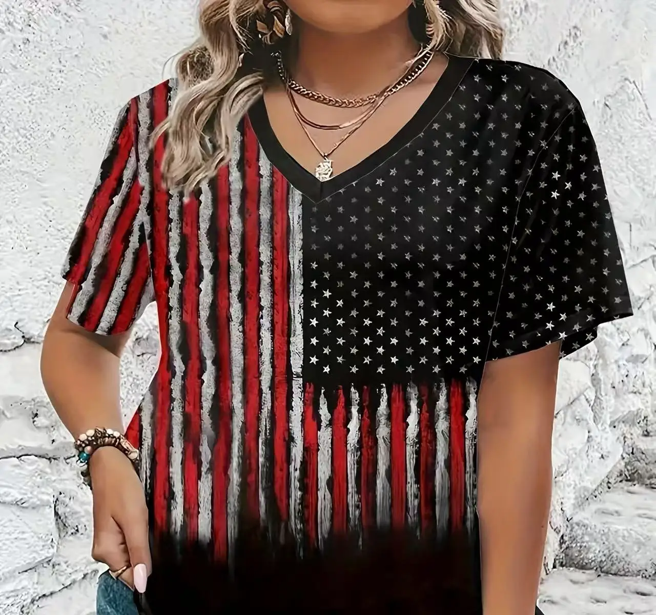 Camiseta de talla grande con cuello en V y bandera patriótica americana para mujer, pantalón corto informal, mezcla de poliéster elástico, lavable a máquina, primavera, verano, elección perfecta