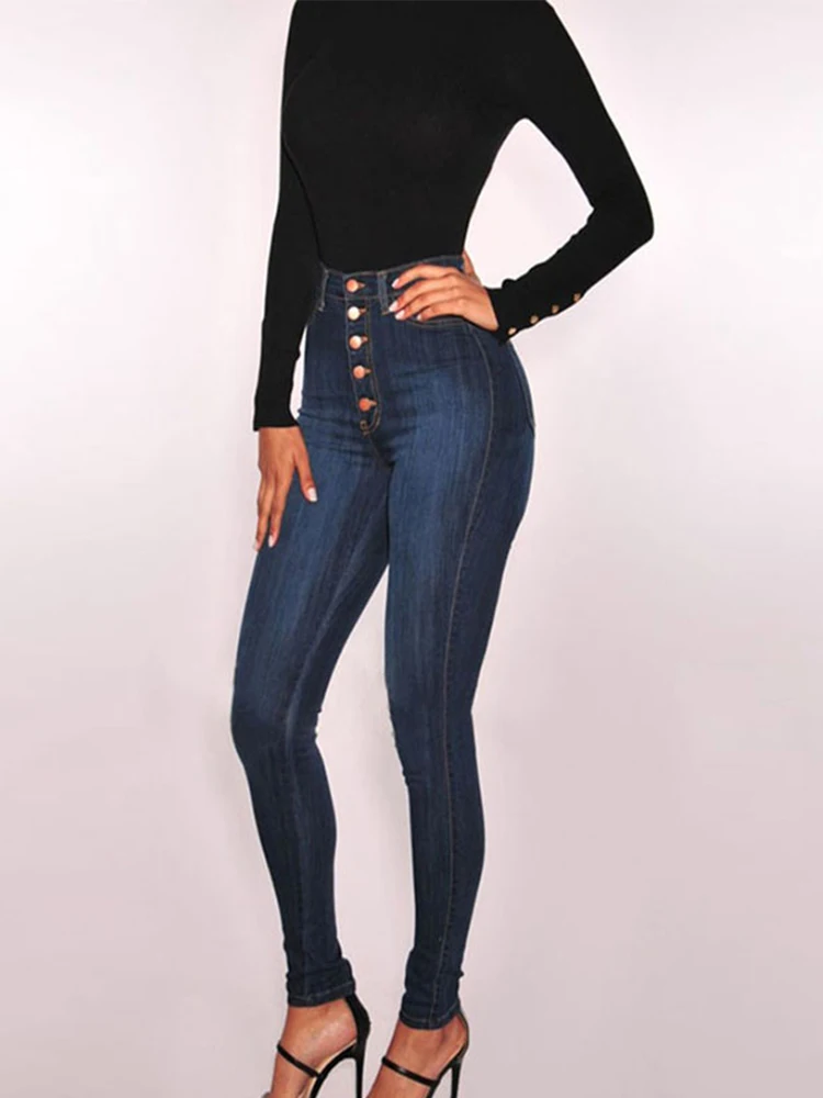 

2025 Autumn Hugging Jogger Trousers Sexy Slim Fit High Waisted Stretch Denim Jeans for Women Button Pockets Blue Pants Vintage