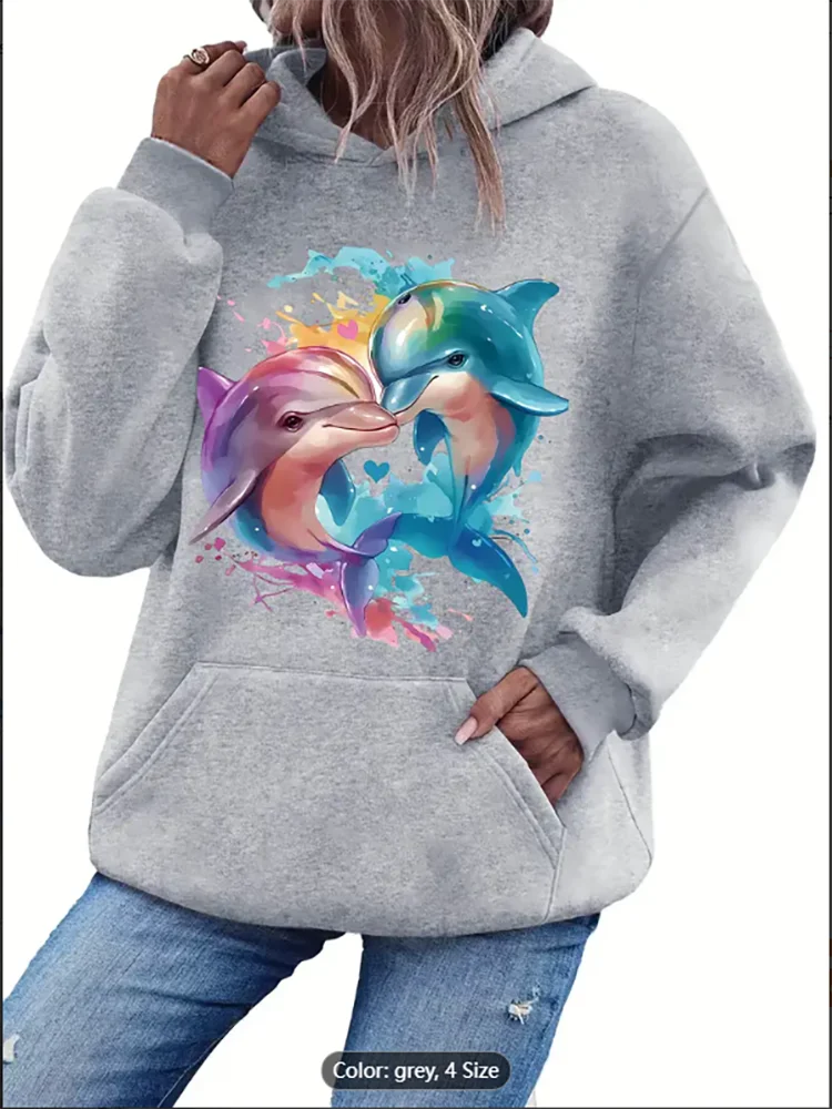 Sudadera con capucha gris para mujer con estampado gráfico de delfines coloridos Sudadera con capucha con cordón de ajuste extragrande Ropa informal inspirada en el océano