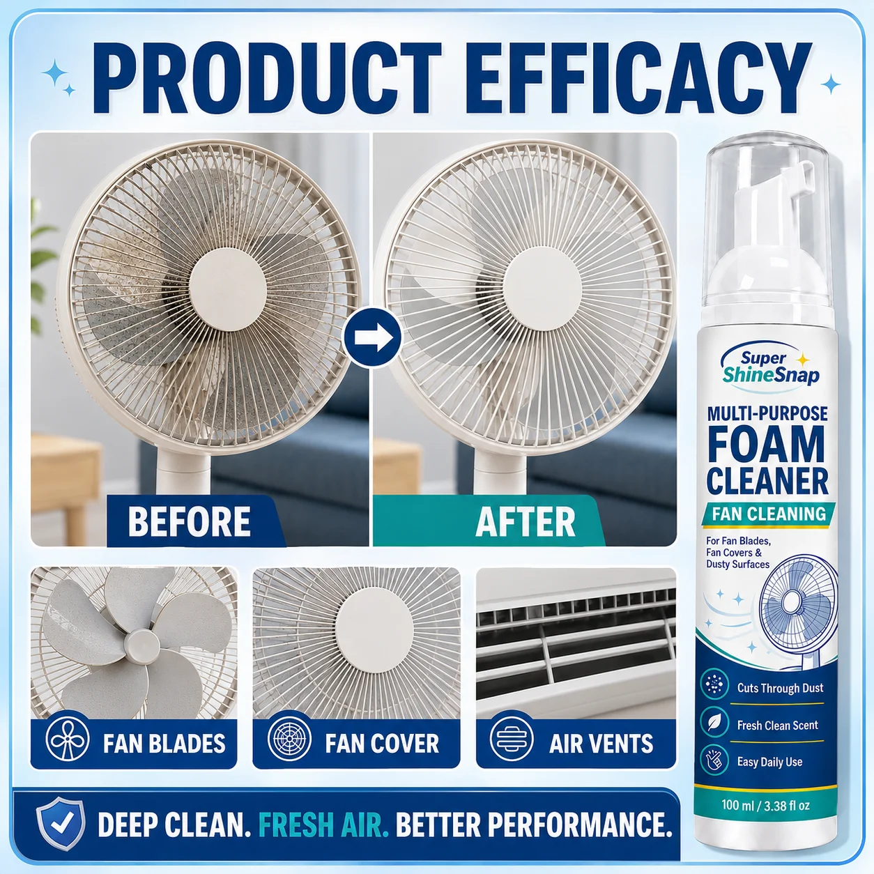 Fan Foam Cleaner, Multi-Purpose Fan Cleaning Foam for Fan Blades, Fan Covers, Fan Grilles, Air Vents and Dusty Surfaces, Fresh Scent, Easy Daily Use