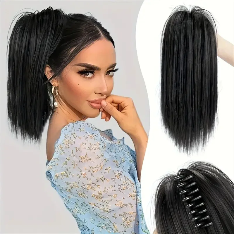 

Ponytail hair extensions, 16 inch long straight grabber ponytail synthetic hair extensions natural hair ponytail for women