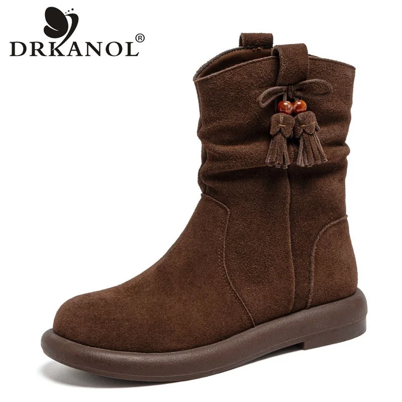 

DRKANOL Women Winter Plush Warm Mid Calf Boots Quality Cow Suede Leather Pleated Slip On Flats Heel Retro Style Casual Boots