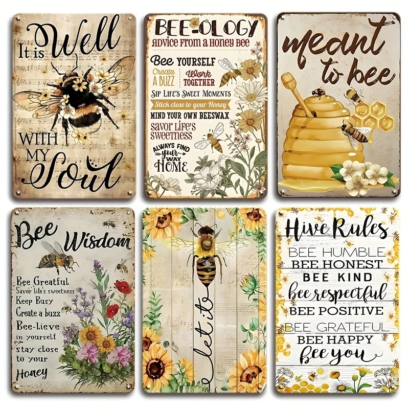 مجموعة لافتات قصدير عسل النحل المعدنية العتيقة: نصيحة علم النحل القديم من ديكور حديقة النحل العسل - 6 قطع، 30.48 × 20.32 سم، جدار أ #1