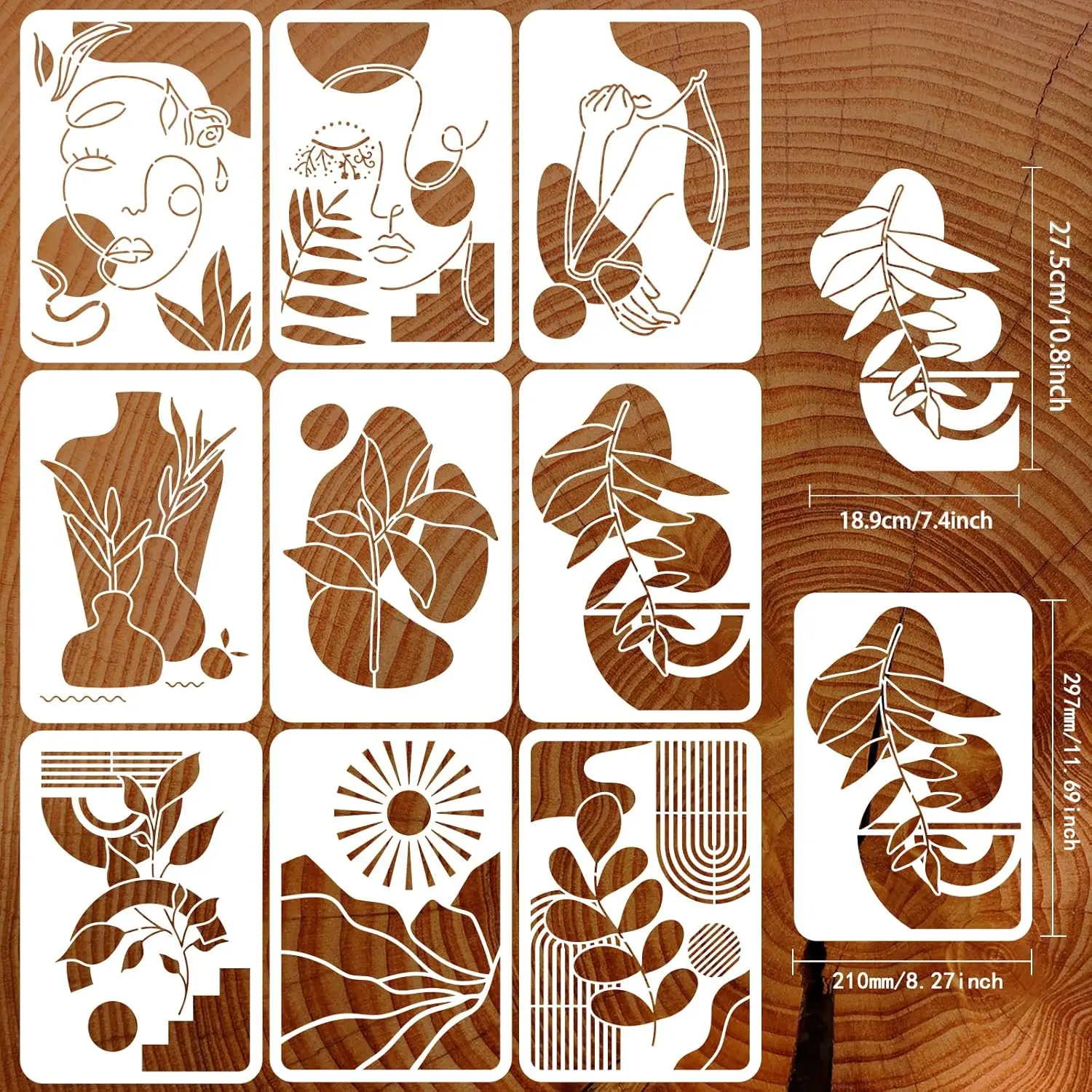 9PCS Boho Sunrise Stencil Abstract Art Stencils 11.7x8.3 inch Large Reusable Tropical Plants Stencil Female Face Painting