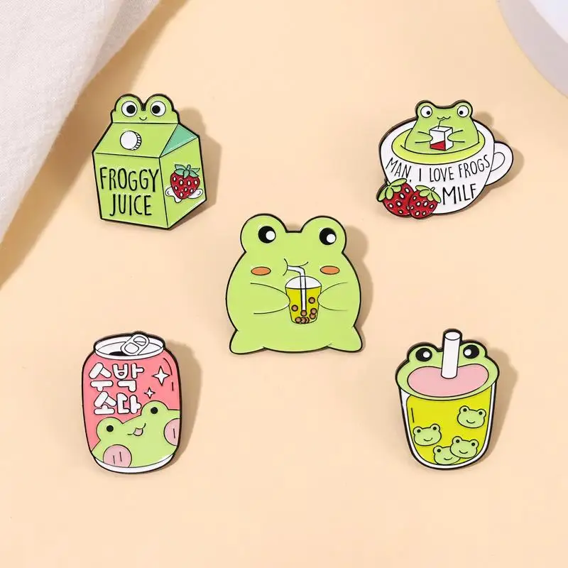 Froggy Enamel Pins Custom Cute Frog Coffee Mug Milk Juice Can Brooches Lapel Badges Animal Jewelry Gift for Kids Friends