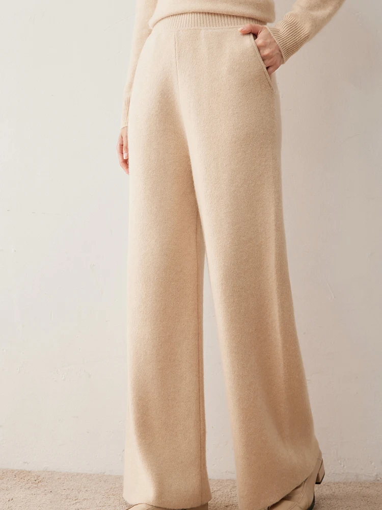 

Chic Autumn Winter High Waist Wide Leg Pants Women's 100% Cashmere Knitted High Quality Casual Loose Female Soft Warm Trousers