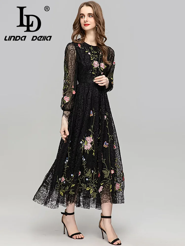 Gedivoen Summer Fashion Runway Designer Dresses Women\'s Vintage Lace Flowers Embroidery Sequins Party Temperament Sexy Dresses