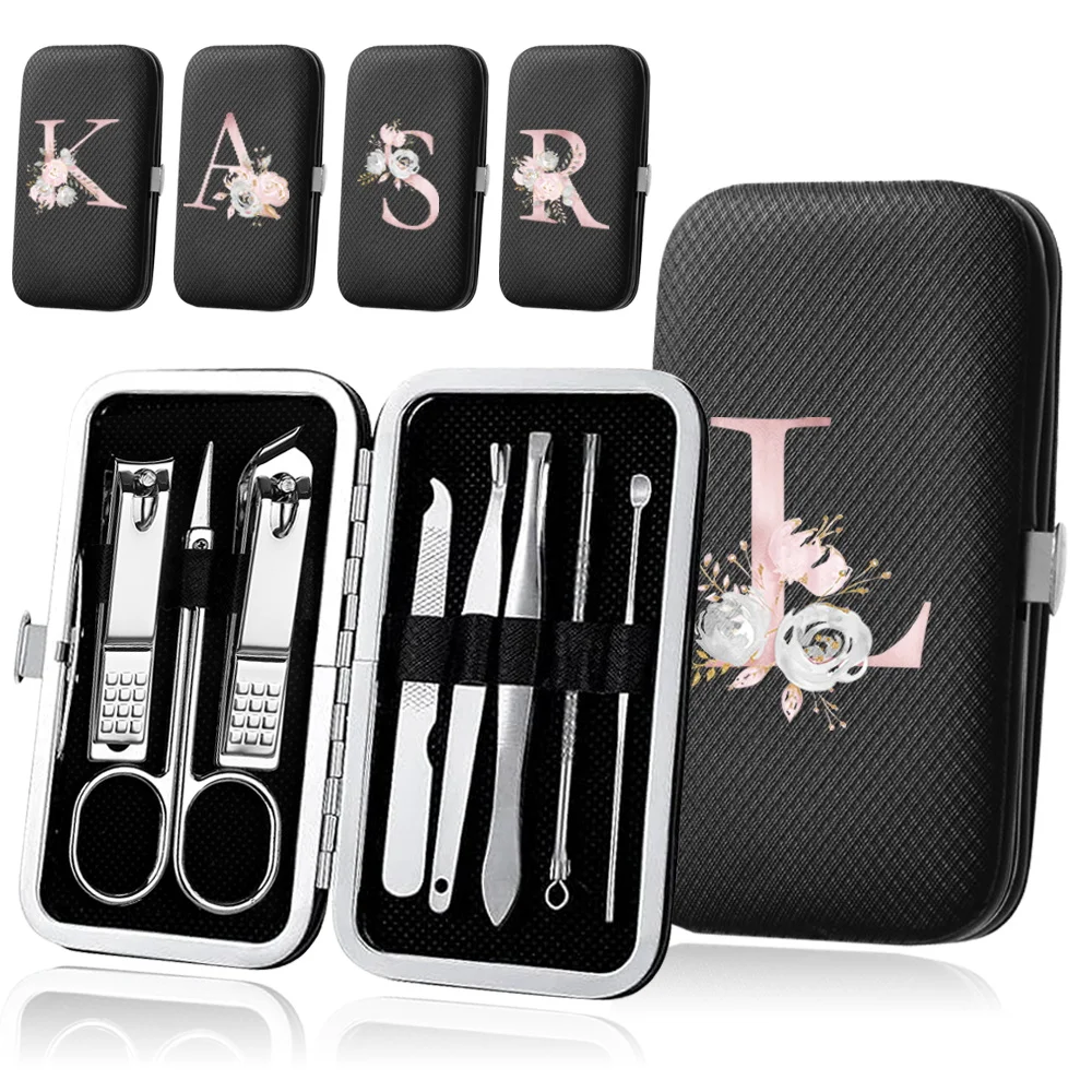 

8Pcs Home Manicure Set Stainless Steel Pedicure Tools Nail Clipper Kit Portable Beauty Organizer Case Pink Flower Letter Pattern