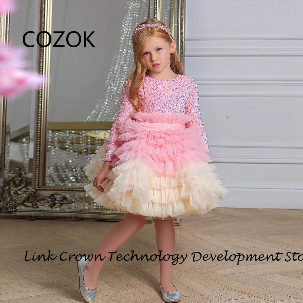 

COZOK Scoop Flower Girls Dresses with Sequiend Full Sleeve Christmas Dresses for Princess A Line Knee Length فستان عيد الميلاد