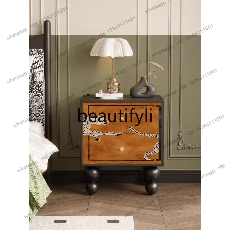 

French bedside table retro solid wood bedroom storage cabinet sofa side decorative cabinet