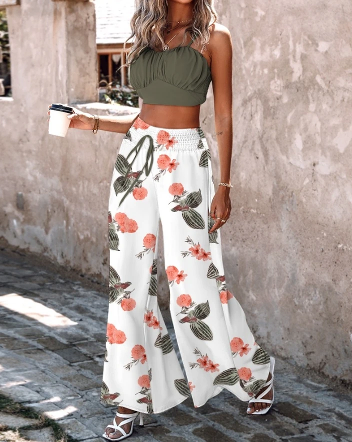 

Women Vacation Suits 2024 Spring/summer Latest Casual Sweetheart Neck Spaghetti Strap Shirred Cami Top&tropical Print Pants Set