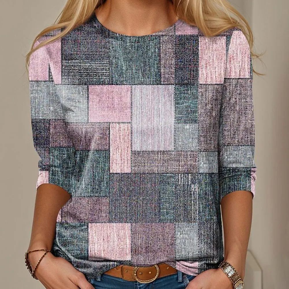 Kpop y2k feminino moda diária em torno do pescoço pullovers floral grade geométrica impresso camisa de manga comprida casual topos roupas femininas