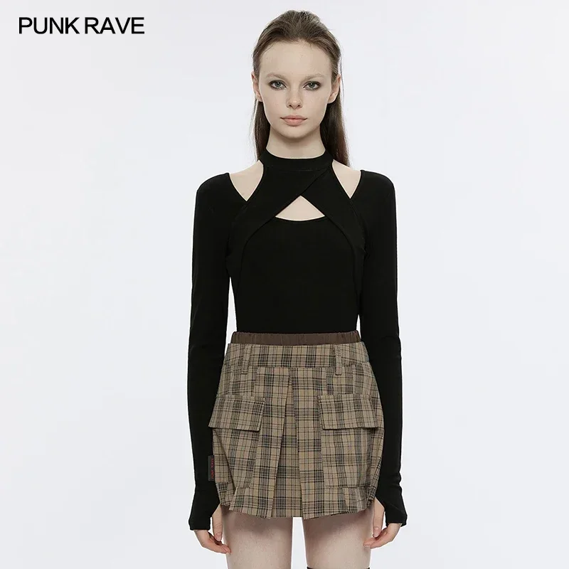 PUNK RAVE Women's Gothic Daily Cross Winding Hollowing Fit T-shirt Finger Holes on Cuffs Sexy Slim Black Tops Girl Clothing