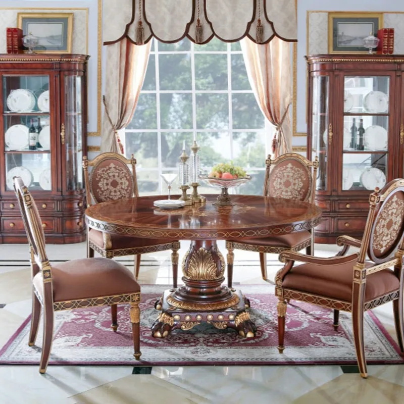 Royal Classic Luxury Round Solid Wood Marble Top Dining Table and Chair Set for Home Furniture in Apartment/Villa view 4