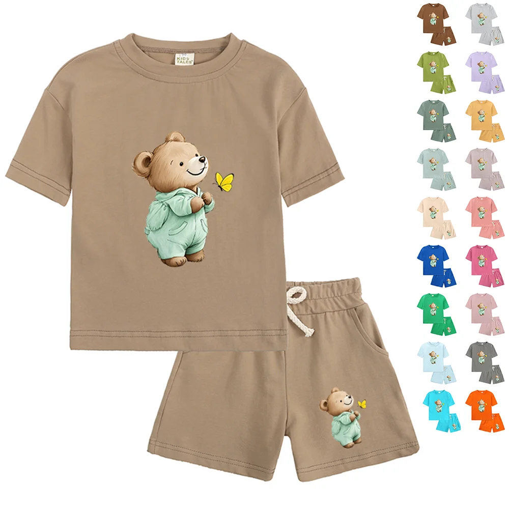 

Children Boys Summer Bear Outfits Clothes Cartoon Print Casual Breathable Suit Korean Girls Cute Set Sportswear Suit