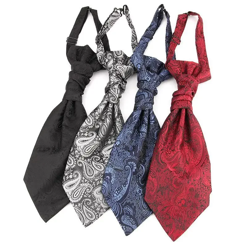 Wedding Cravat Pre-tied Ascot Tie for Men Satin Casual Paisley Stripe Ascots Necktie Formal Suit Vest Tie Hong Kong Knot Bowknot