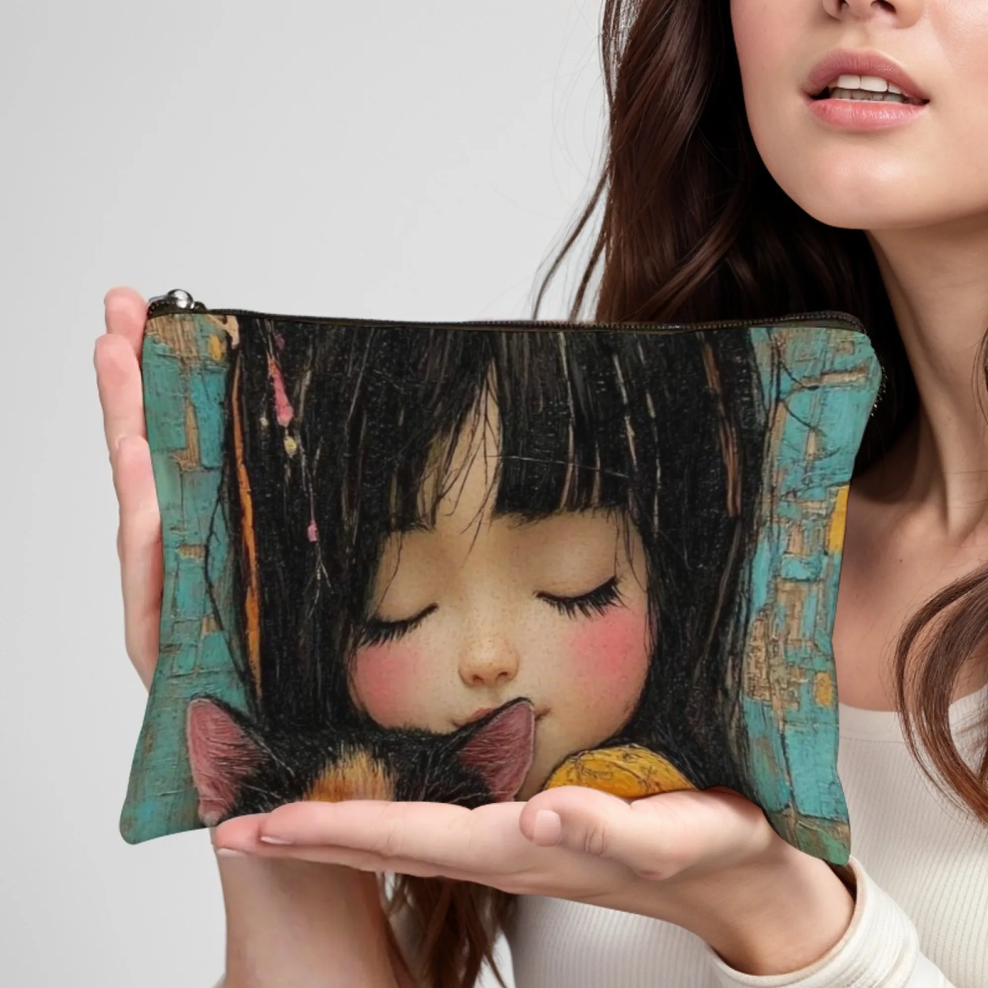 Uma pintura a óleo de uma garota que adora gatos Bolsa de maquiagem elegante com zíper Estojo cosmético portátil com espelho Bolsa de higiene durável
