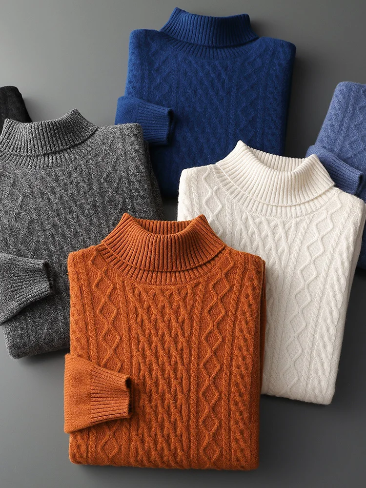 

Мужской осенне-зимний однотонный свитер с высоким воротником для бизнеса и отдыха, 100% мериносовая шерсть, мягкая теплая трикотажная одежда, топы
