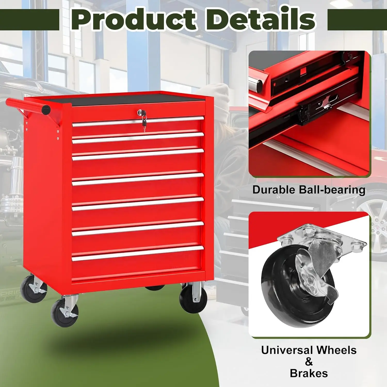صندوق أدوات الصدر المتداول مع عجلات 7 أدراج أداة الصدر ث/عجلات قابلة للقفل عربة تخزين ميكانيكي متعدد الوظائف