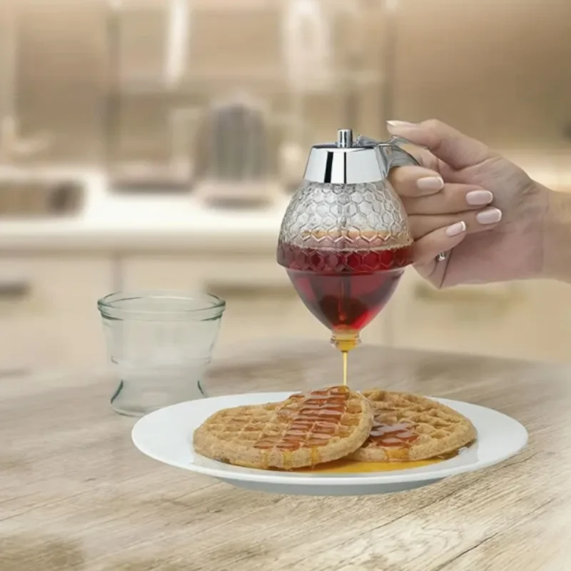 Leak-Proof Honey Dispenser with Rack for Syrup, Sauces, Seasonings - Durable, Easy to Clean, Multi-Purpose Plastic Design for Ki