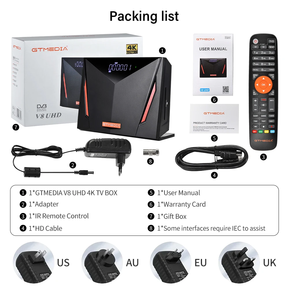 GTMEDIA V8 UHD TDT 4K UHD Smart TV Box DVB-S/S2/S2X+T/T2+C, спутниковый ресивер с поддержкой устройства чтения смарт-карт MARS/ECAM/CCAM/M3U