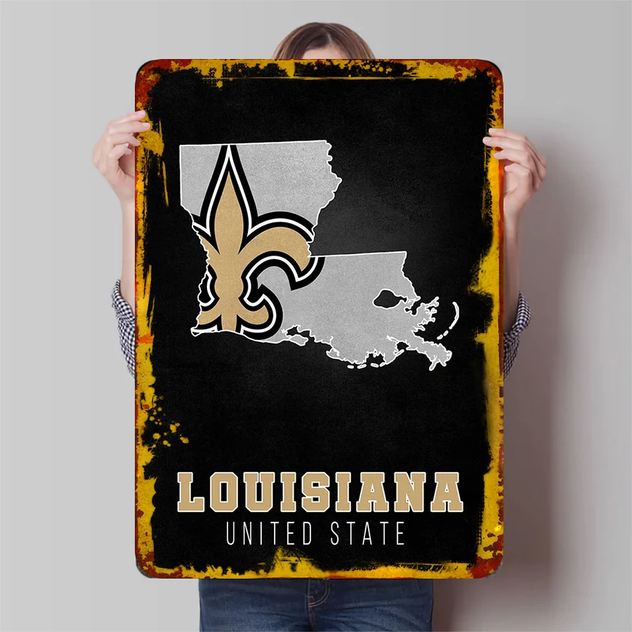 نيو أورليانز القديسين شعار معدن القصدير تسجيل خريطة ولاية لويزيانا NFL كرة القدم مروحة ديكور جدار الفن