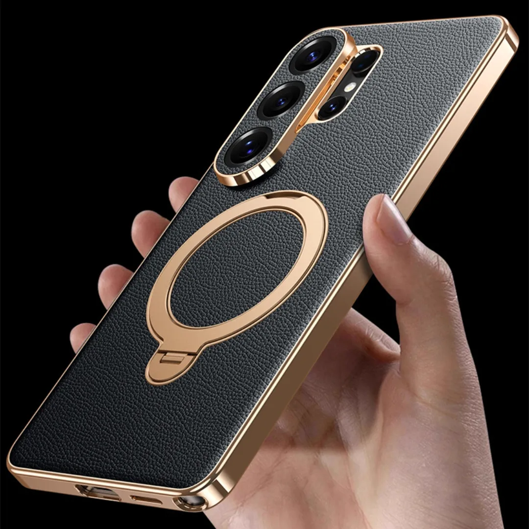 

Genuine Leather For Magsafe Case for Samsung Galaxy S26 Ultra Metal Magnetic Ring Holder Bracket Shockproof Glossy Frame Cover