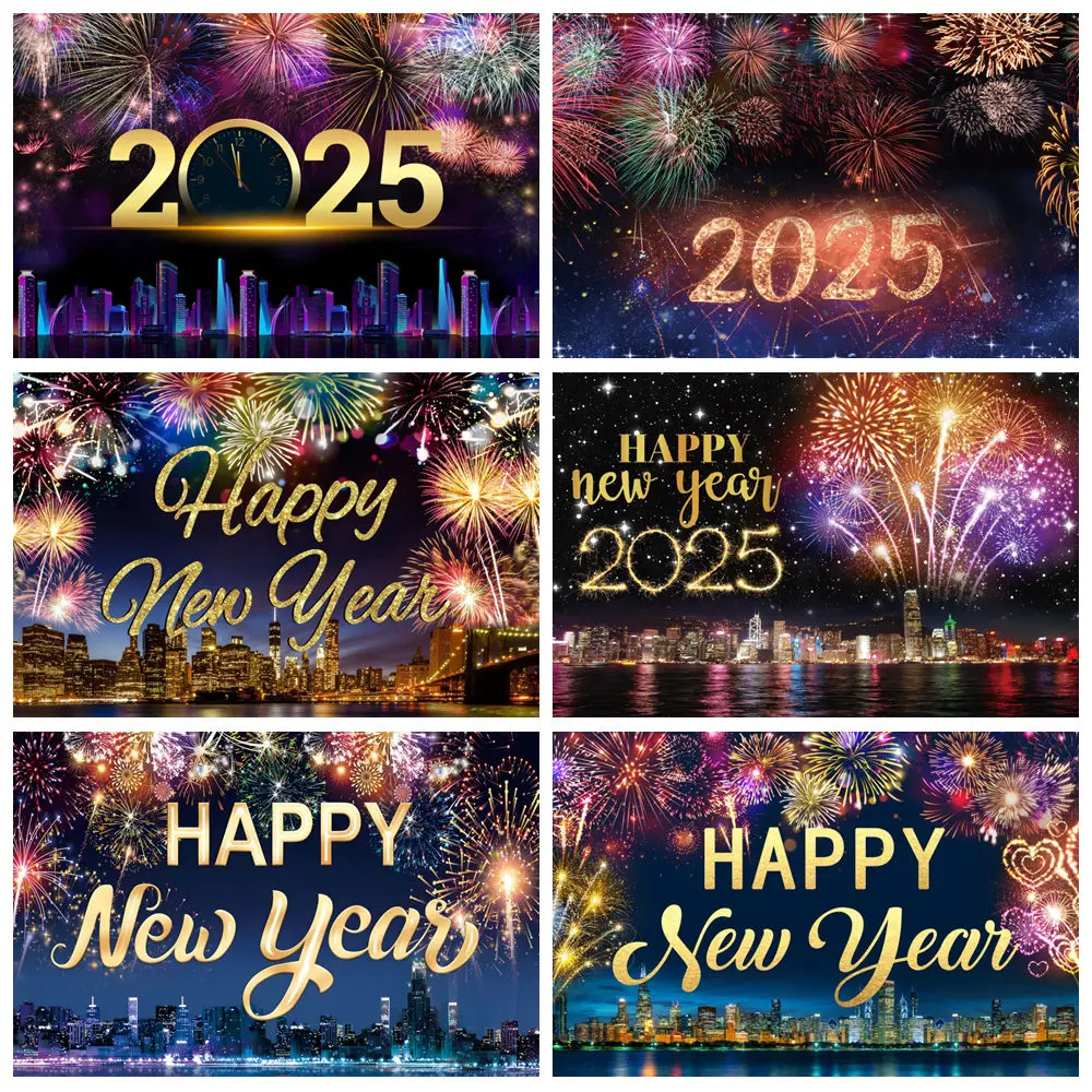 

2025 Happy New Year Photography Backdrop Fireworks Clocks Champagne 2025 New Years Eve Family Party Background Photo Studio Prop