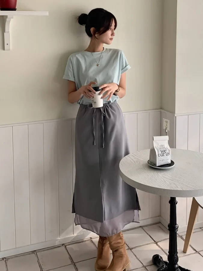 

Color Blo Double Layered Chiffon Midi Skirt Women's Summer New Design Side Slit Suit Skirt Long A-Line Skirt High Waist