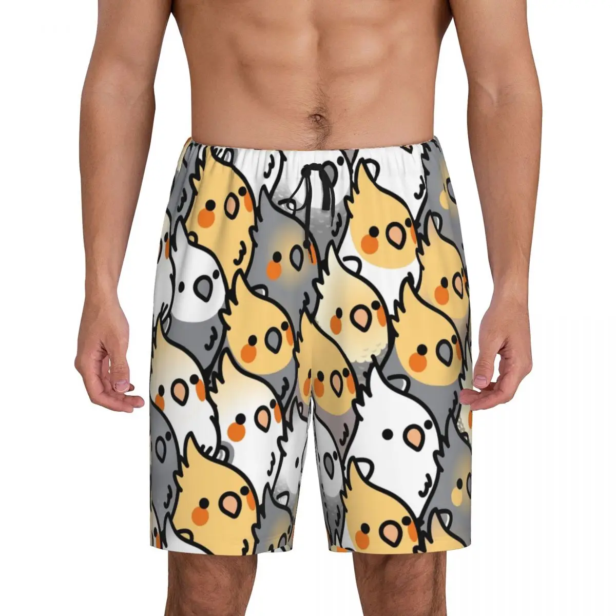 Custom Men's Chubby Cockatiel Party Pajama Shorts Printed Cute Parrot Birds Sleep Pjs Sleepwear Bottoms with Pockets