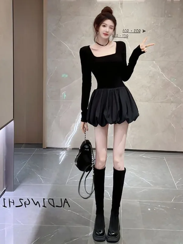 

Black Square Collar Long Sleeve Slim Fit Puffy Short Skirt High Waist A-Line Dress Sexy City Commute High Waist Flower Bud Skirt