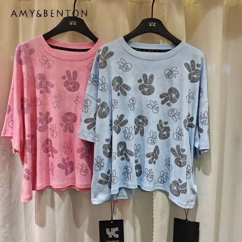 

Sweet Cute Design Oversized Pure Cotton T-shirt Trendy Brand Cartoon Rhinestone Women's Top Tshirts Diamond 2026 Summer New Tees