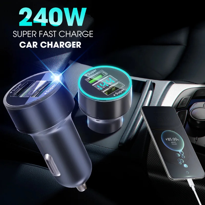 Cargador de coche con pantalla Digital, adaptador de carga rápida USB, 2 puertos, 240W, para iPhone, Samsung, Xiaomi, Huawei