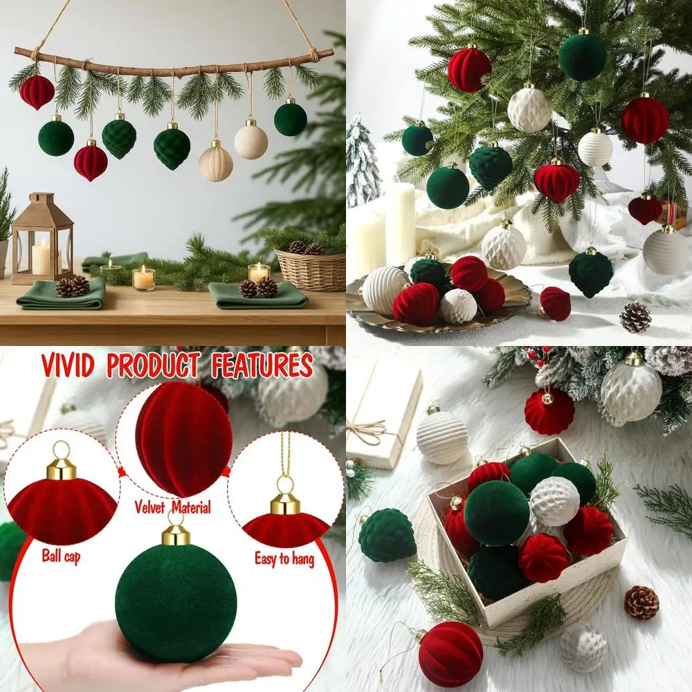 

Набор из 24 бархатных флокированных рождественских шаров разных размеров 2,36-3,15, для декора елки, рождественской вечеринки, праздничного сезона (кремовый, темно-зеленый,